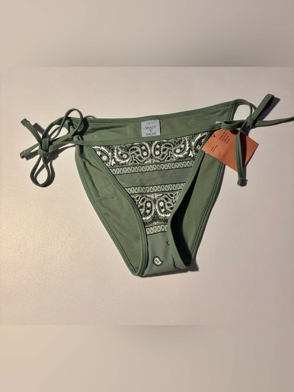 Shade & Shore Green Bandana Print Side Tie Low Rise Cheeky Bikini Bottom S